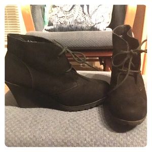 Black “suede” wedge booties